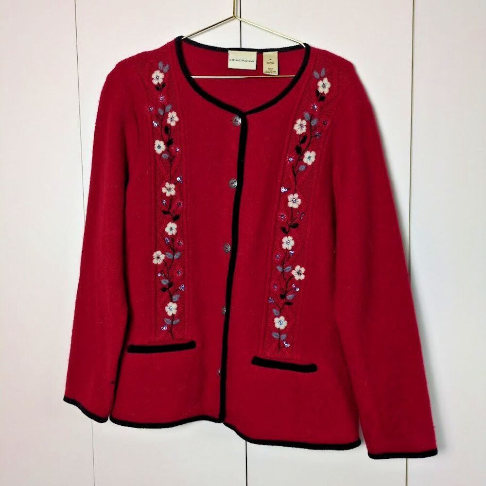Vintage Alfred Dunner Red Embroidered Floral 100% Wool Cardigan Med Cottagecore
